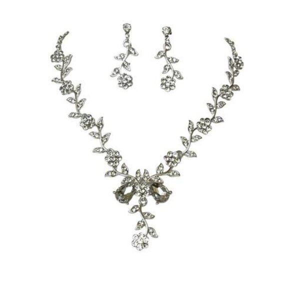 Silver Necklace Set Bridal Jewelry Set Statement Wedding Prom Jewelry Set - Picture 1 of 3